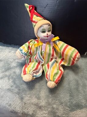 Striped Clown Plush Doll with Multicolor Outfit